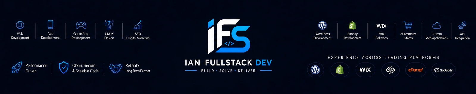 Ian Full Stack Developer — Web, App, Game, UI/UX, SEO & Digital Marketing. Experience across WordPress, Shopify, Wix, Squarespace, cPanel, GoDaddy.